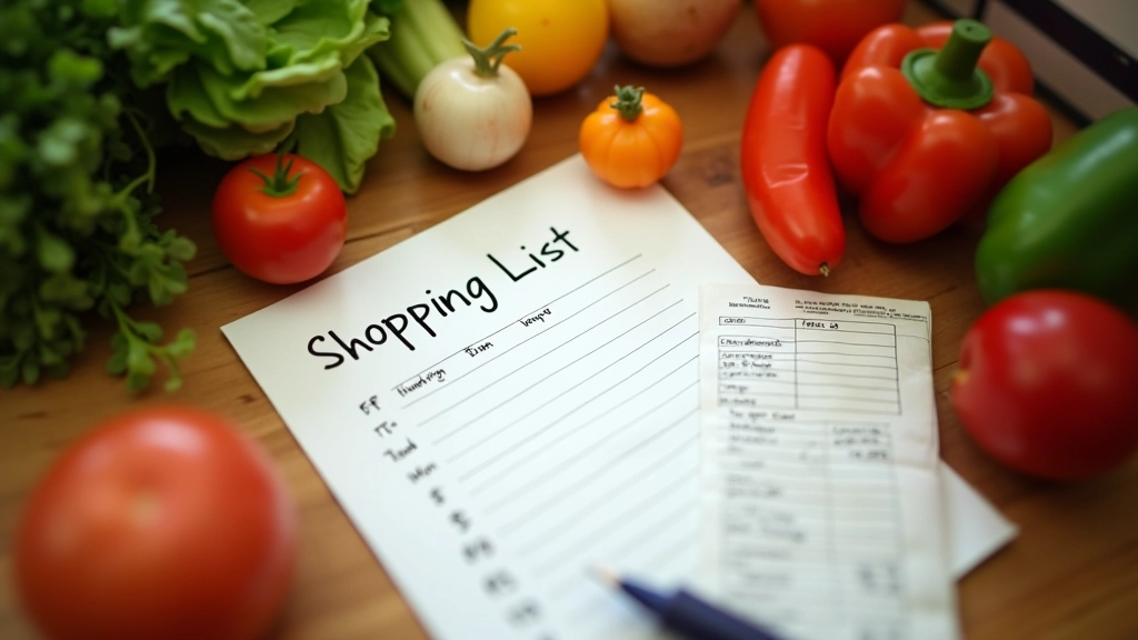 Grocery shopping list and receipt on table next to fresh produce and household items